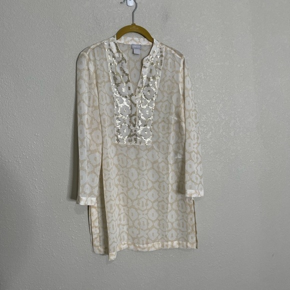 Chico’s Sheer Pritned Sequin Dotted Scales Tunic Shirt 00/0-2 - Picture 2 of 8